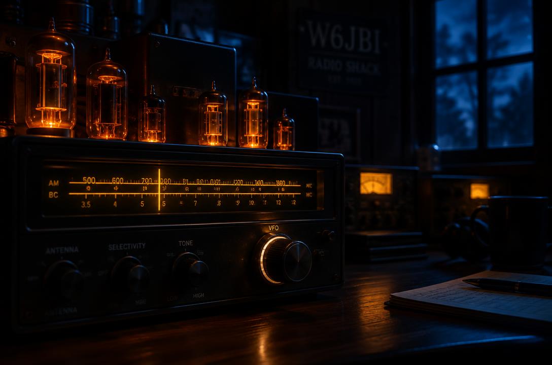 Poste radio à tubes ancien dans un shack, cadran allumé